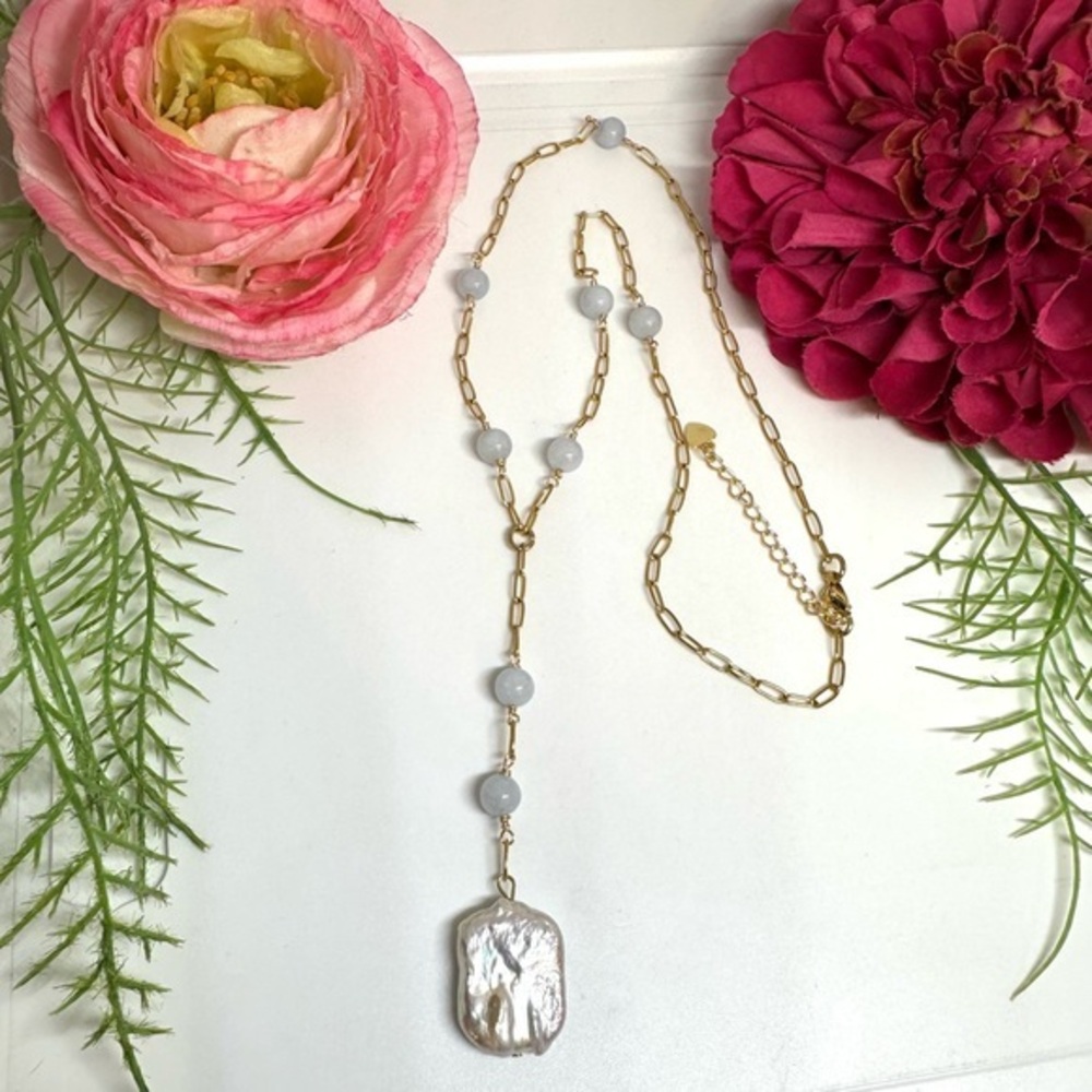 NEW⚜️Raw Aquamarine Baroque Pearl Lariat Necklace